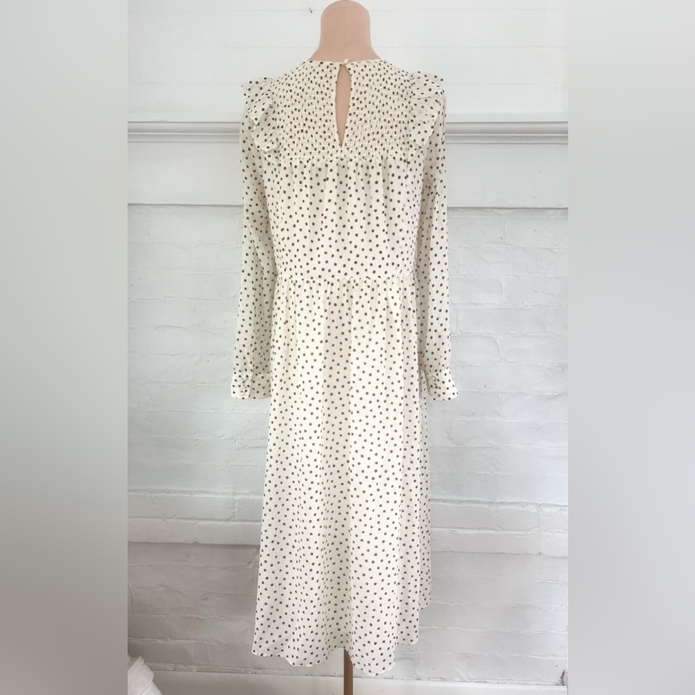 Madewell Smocked Ruffle-Shoulder Midi Dress Inkbrush Dots Cream Black Polka Dot - Picture 5 of 13